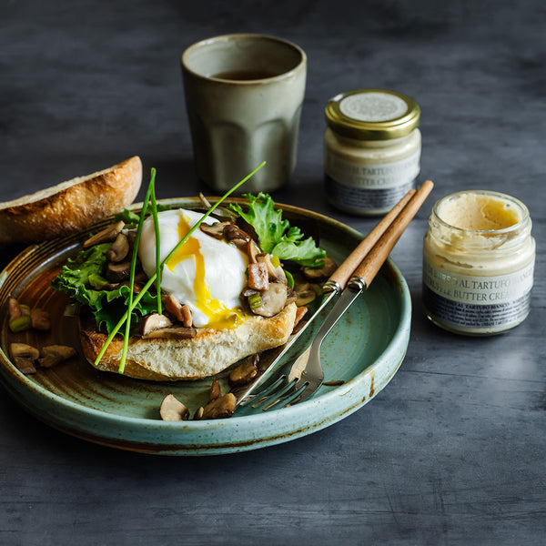 ARTISAN SOURDOUGH WITH POACHED EGG AND WHITE TRUFFLE BUTTER CREAM