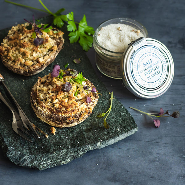 STUFFED PORTOBELLO MUSHROOMS WITH CRISP CRUMB AND TRUFFLE SALT